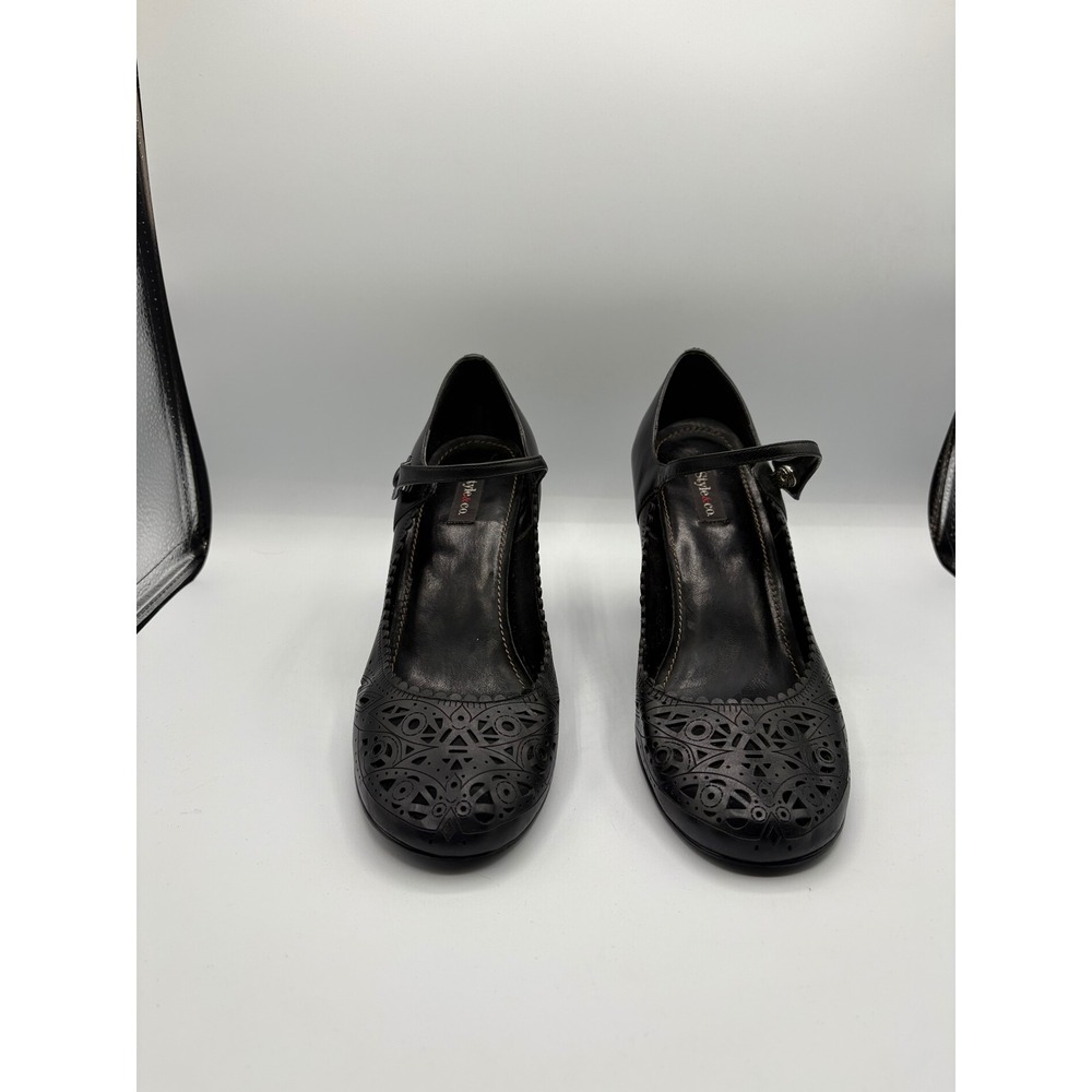 Style & Co Black Leather Mary Jane Heels Laser Cut Floral Pumps Pesto 9M